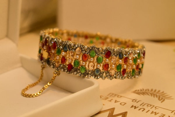 Unique Design Gold Plated Multi Stones Bangle