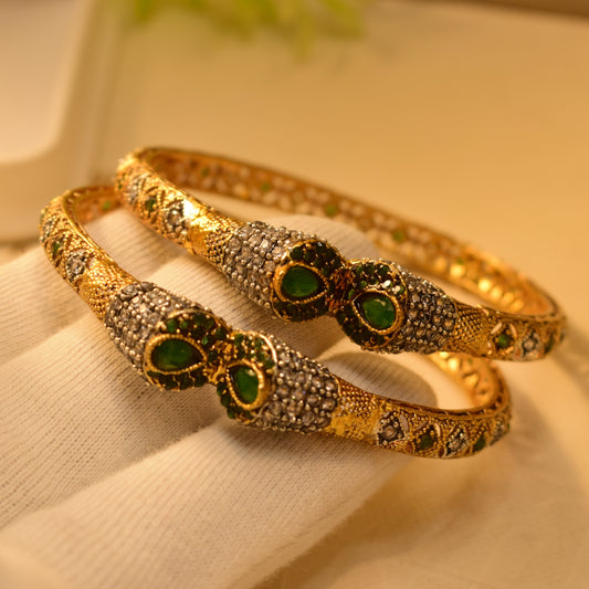 Stylish Unique Design Gold Plated Real Stones 2pc Bangles Set