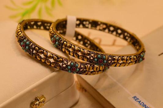 Stylish Unique Design Gold Plated Real Stones 2pc Bangles Set