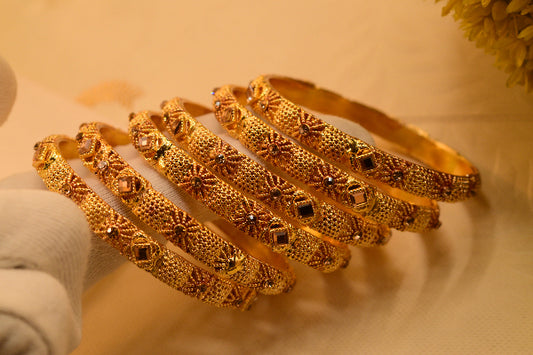 Stylish Unique Design Gold Plated Real Stones 6pc Bangles Set